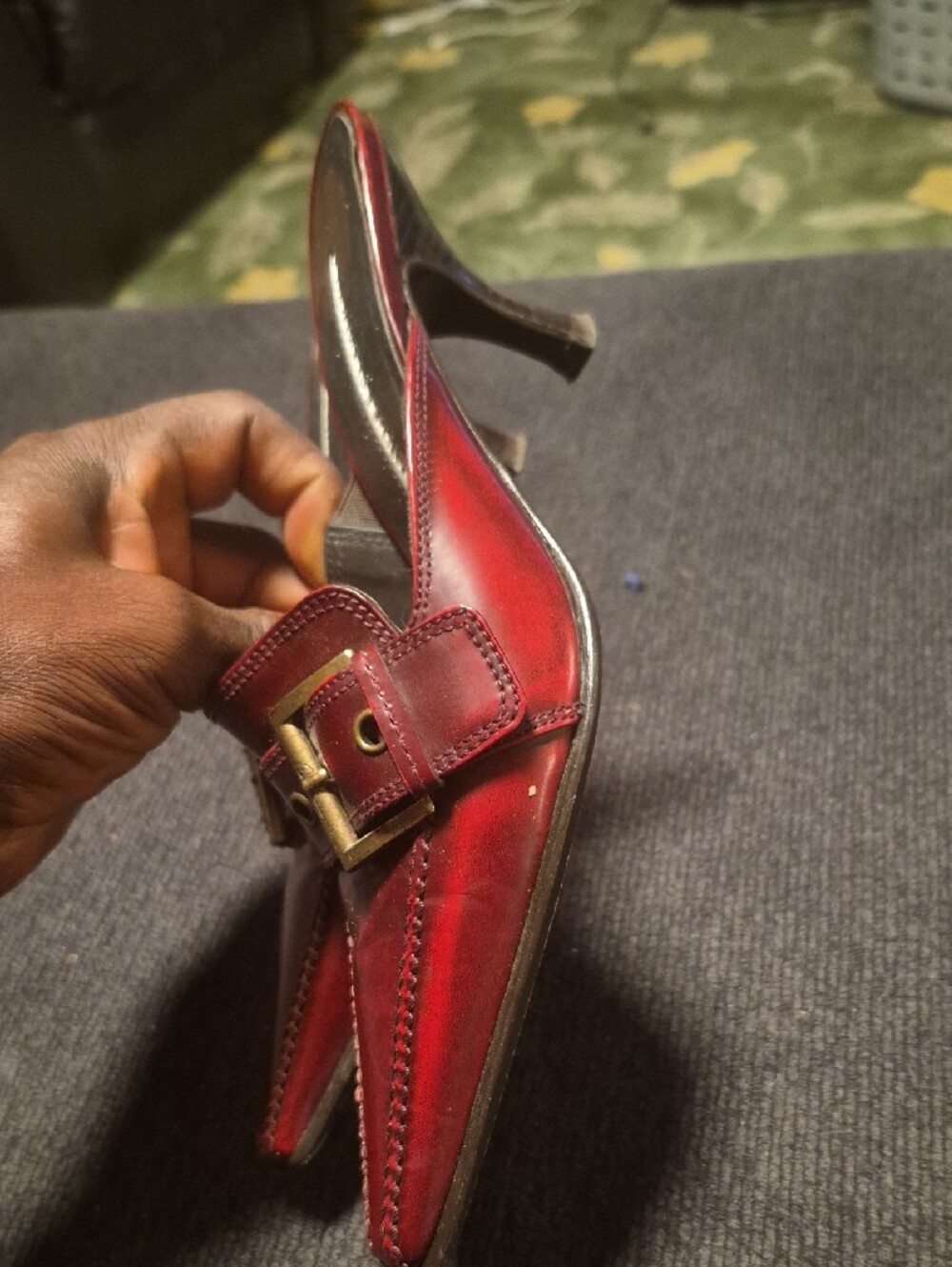 Donald J. Pliner Women's Burgundy Leather Pointed Buckle Mules - Picture 2 of 5